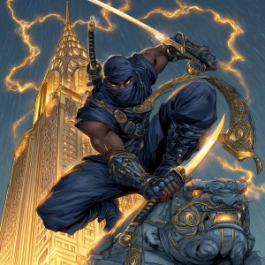 A dark-skinned, young adult male ninja, mid-20s, muscular build,...