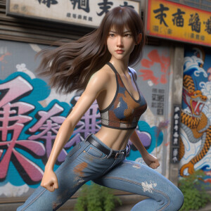 Athletic Thin skinny Attractive, Asian teenage girl, long brown hair and bangs, wearing tight skinny jeans and a halter top paint marks on her clothing, heroic pose Asian graffiti background