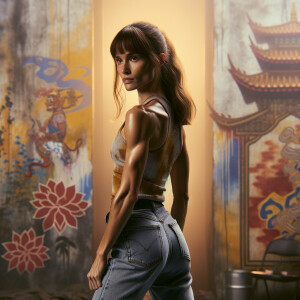 Athletic Thin skinny Attractive, Asian teenage girl, long brown hair and bangs, wearing tight skinny jeans and a halter top paint marks on her clothing, heroic pose Asian graffiti background, backside view