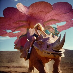 Blonde teen She-ra riding a triceratops