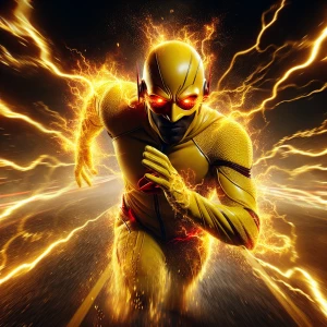 Depict Reverse Flash in a dynamic pose, surrounded by crackling...