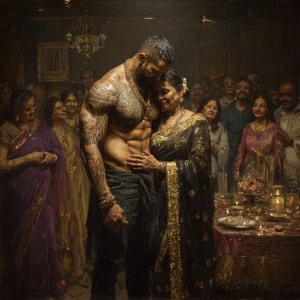 Realism,photo painting.a muscular beefy sweaty tattoed indian ma...