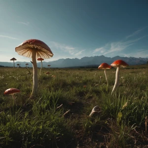 “A lush meadow overtaken by alien flora — flowers with human-lik...