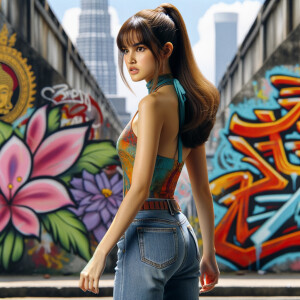 Attractive, Asian teenage girl, long brown hair and bangs, wearing tight skinny jeans and a halter top paint marks on her clothing, backside view heroic pose Asian graffiti