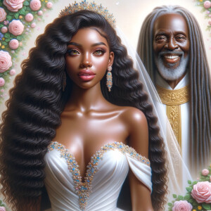 Create a 3-D realistic oil, painting of a beautiful African-American bride. She has long flooring, wavy hair and her gown has beautiful jewels around the neckline. in the background there is a beautiful African-American Jesus Christ with long dreadlocks, and he is smiling. He is very handsome pastel flowers throughout the image.