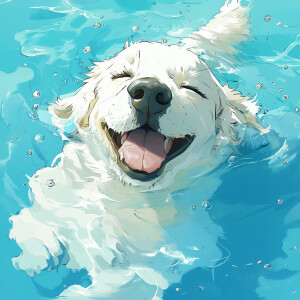 happy dog swimming, anime style