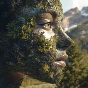 Create an 8K UHD 3D image that blends a stunning human face seamlessly with a Rocky Mountain landscape, using local fauna and flora to form the facial features. Ensure photorealism and intricate detailing for a cohesive and natural appearance.