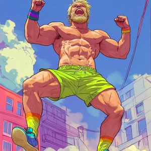 Refined Prompt: A muscular, blonde-haired man with a beard, spor...