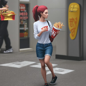 A woman walking with some fast food