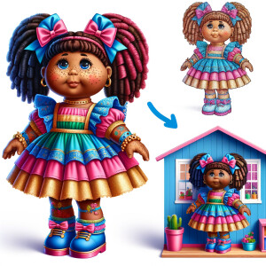 Design a 3-D realistic original African-American Cabbage Patch doll. She has on a blue pink and gold dress with matching booties. She has pink and blue bows in her hair. she lives inside of a colorful dollhouse. She has freckles and big dimples.