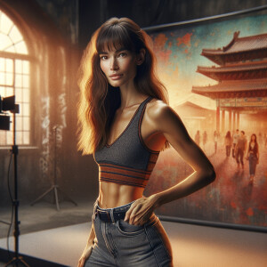 Athletic Thin skinny Attractive, Asian teenage girl, long brown hair and bangs, wearing tight skinny jeans and a halter top paint marks on her clothing, heroic pose Asian graffiti background, side view