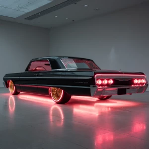 A stunning 64 Chevy impala on Dayton 100 spoke 20 inch gold rims...