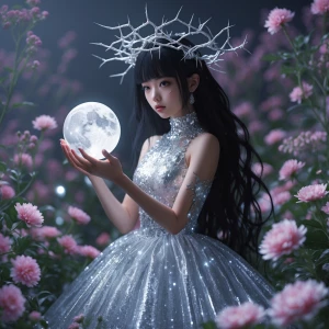 Beautiful girl in silver crystal dress, black hair and crown of...