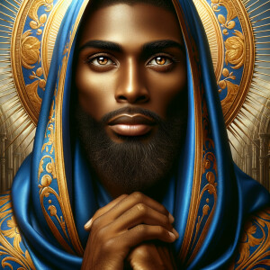 Create a beautiful African-American Jesus Christ with Hazel, brown eyes and blue and gold robe