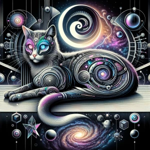 A surreal, ultra-detailed digital painting of a mysterious cat w...