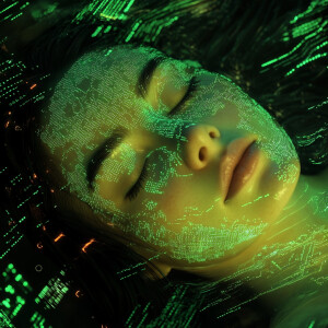 A hyper-realistic close-up of a young woman's face, her eyes clo...