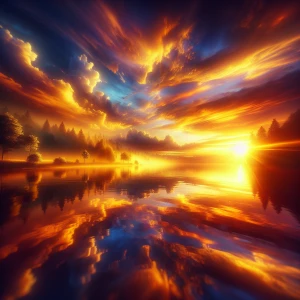 Shot: A wide shot of the lake at sunset, capturing the golden gl...