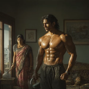Hyperrealism  ,a indian  muscular beefy  sweaty man exercising i...