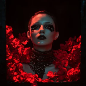 **Full-body shot of a woman with eyes in her chest, surrounded b...