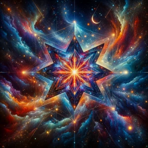 Design a professional-grade artwork of a 7-dimensional cosmic st...
