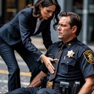 A woman in a formal business suit assists an injured deputy sher...