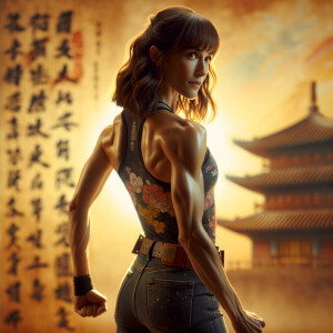 Athletic Thin skinny Attractive, Asian teenage girl, long brown hair and bangs, wearing tight skinny jeans and a halter top paint marks on her clothing, heroic pose Asian graffiti background, backside view