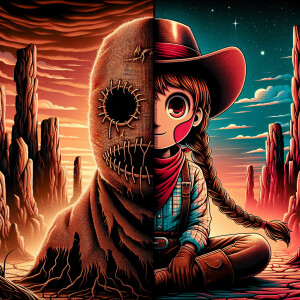 "A surreal horizontal artwork merging multiple elements. On the...