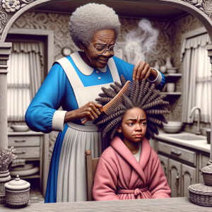 Create a realistic 3-D image of an african-American grandmother wearing a blue house dress and a white apron . She is in the kitchen with her african-American granddaughter. Her granddaughter is wearing a pink bath robe. The grandmother has a hot comb in her hand and she is straightening her granddaughters hair. One side of her granddaughters hair is in  a Afro the other straight 
There is smoke coming from the hot comb
The granddaughter is making a face