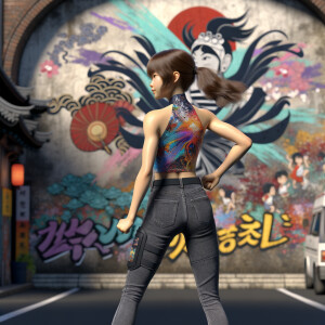 Athletic Thin skinny Attractive, Asian teenage girl, long brown hair and bangs, wearing tight skinny jeans and a halter top paint marks on her clothing, heroic pose Asian graffiti background, backside view