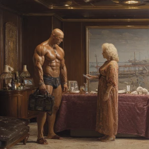 Hyperrealism painting, a muscular Russian man in his beach hotel...