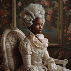 A 30 year old black woman in an 18th-century gown, complete with...