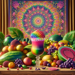 Draw a table with mangoes and watermelons and purple grapes, ove...