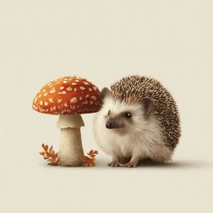 Little hedgehog next to medium mushroom, cozy vintage style, war...