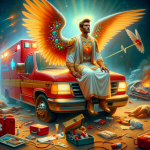 Create a realistic 3D oil painting depicting a scene of emergenc...