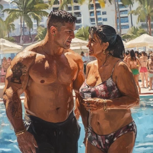 Realism  painting,a muscular beefy sweaty man  walking with his...