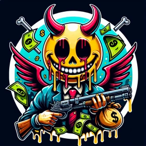 Design a cartoon-style circular logo featuring a cheeky demon we...