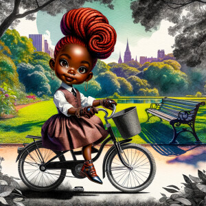 Ink wash panting: park landscape riding a bicycle. A caricature...
