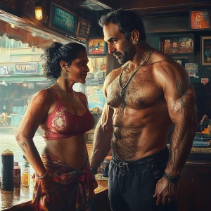 Photorealism.a  muscular sweaty man standing and talking  with h...