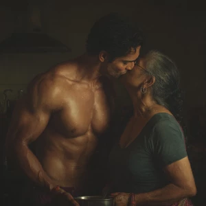 hyperRealism photo painting.a muscular sweaty indian man stand...