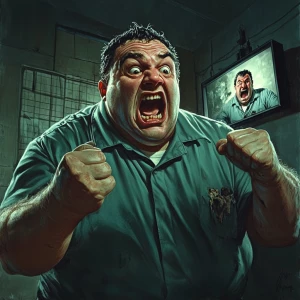 A portly prison warden with an expression of intense anger and g...