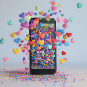 Design a smartphone emitting an array of colorful hearts in vari...
