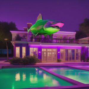 A Disney purple neon green piranha swimming in a community swimm...