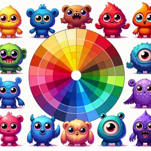 A color wheel of happy cute toy monster toys, each represents th...