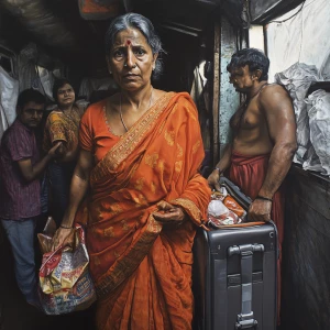 Hyperrealistic painting1:1, a 54-year-old Gujarati housemaid wea...