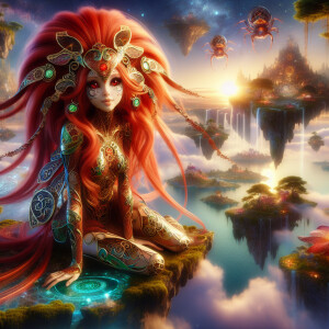 Arachne, red head, red eyes, armor,full