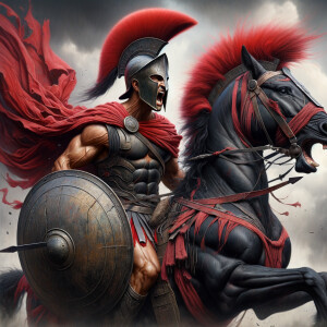 A digital realistic airbrush of an image of a spartan in battle...