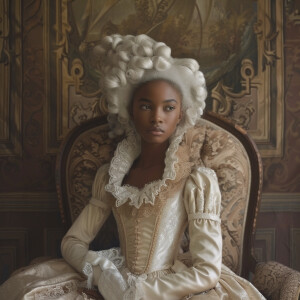 A young black woman in an 18th-century gown, complete with a whi...