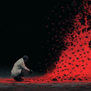 A scientist lays still on the ground as thousands of red and bla...