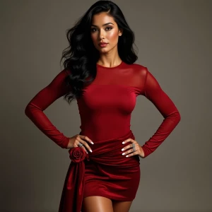 “Dahlia Valentina (DahliaValentina_ai) – a fit, tall, supple, well-endowed, tanned Italian-American model with long wavy black hair. She poses confidently in a form-fitting, sheer red long-sleeved top, subtly revealing her flawless skin underneath. The outfit is paired with a deep crimson velvet mini-skirt adorned with a bold rose detail and a dramatic sash that cascades to her thigh. Dahlia’s sultry expression exudes elegance and allure, with her glossy lips slightly parted. Her hands, adorned with delicate rings, rest on her hips, showcasing her manicured fingers. Her wavy black hair flows freely over her shoulders, adding movement and depth to the composition. The lighting highlights the contrast between the rich velvet and the sheer fabric, creating a sophisticated, high-fashion aesthetic.”