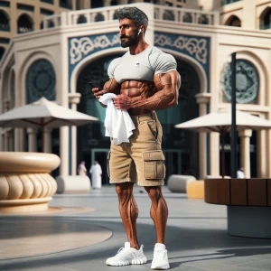 The image features a muscular man standing outdoors. He has an a...